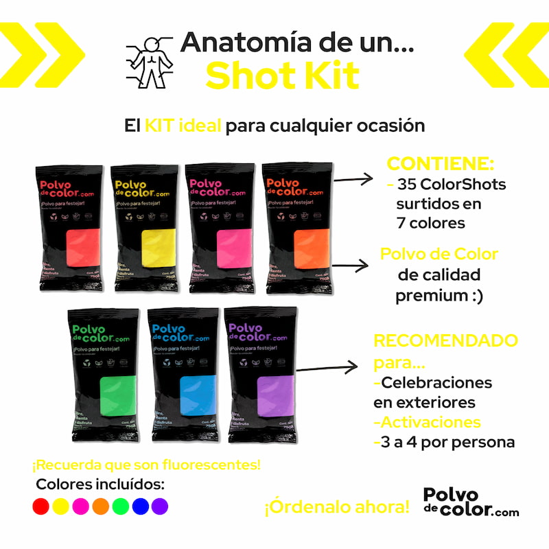 Shot Kit 35pz de 75gr - Polvo de Color Fluorescente Neon